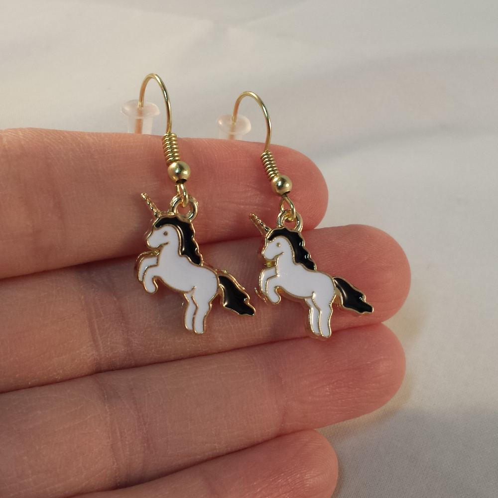 Gold Plated Black Unicorn Horse Charm Dangle Earrings Party Gift